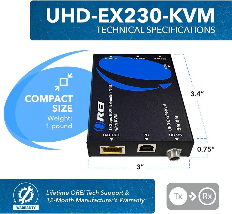 OREI KVM 4K HDMI Over Ethernet Extender Balun Over CAT6/7 Cable 4K@60Hz Upto 230 Feet - 2 USB 1.1 Ports, Supports Keyboard and Mouse USB HDMI Loop Out, Power Over Cable - Image 5